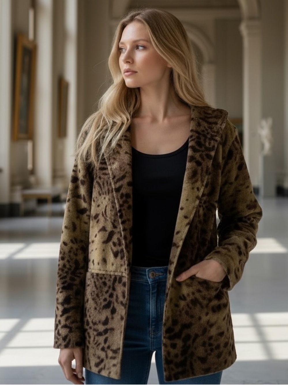 Ellen Tracy Brown Leopard Print Teddy Jacket
